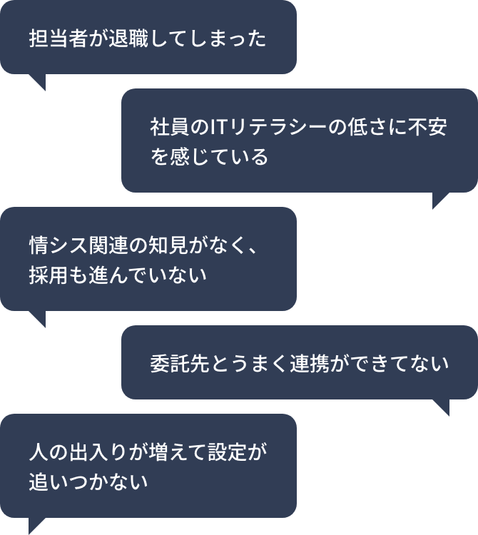 担当者が退職してしまった 社員のITリテラシーの低さに不安を感じている 情シス関連の知見がなく、採用も進んでいない 委託先とうまく連携ができてない 人の出入りが増えて設定が追いつかない